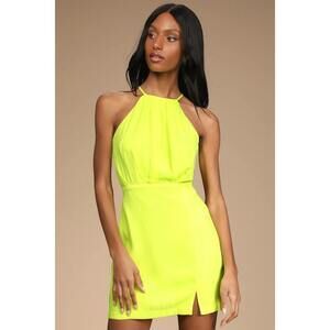Lulus Attention Lover Neon Green Sleeveless Halter Mini Dress - Size L